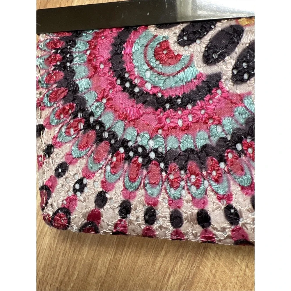 Boho Wallet Embroidered Mandala Design Pink Brown Cool Latch Clutch